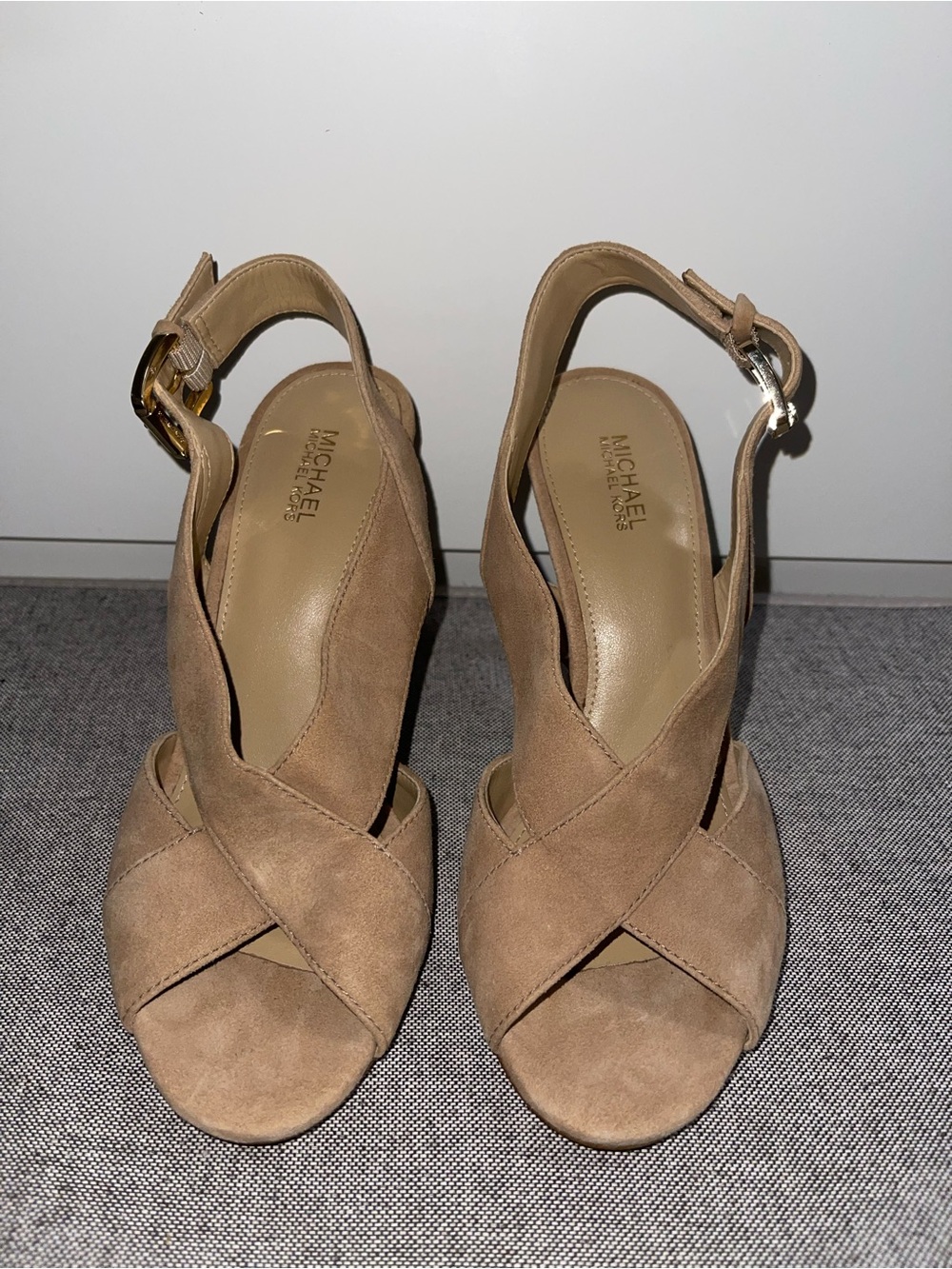 Women’s MICHAEL Michael Kors Tan Suede Crisscross Heels Sandals, 6.5M